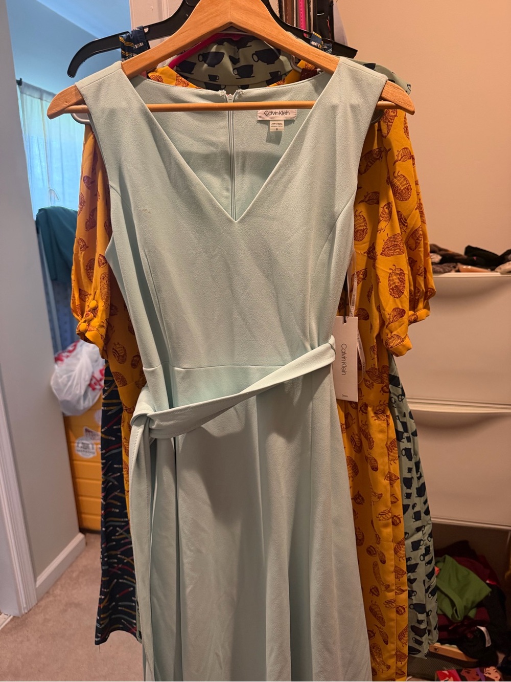 Calvin Klein Light Mint V-Neck Midi Dress with Self-Tie